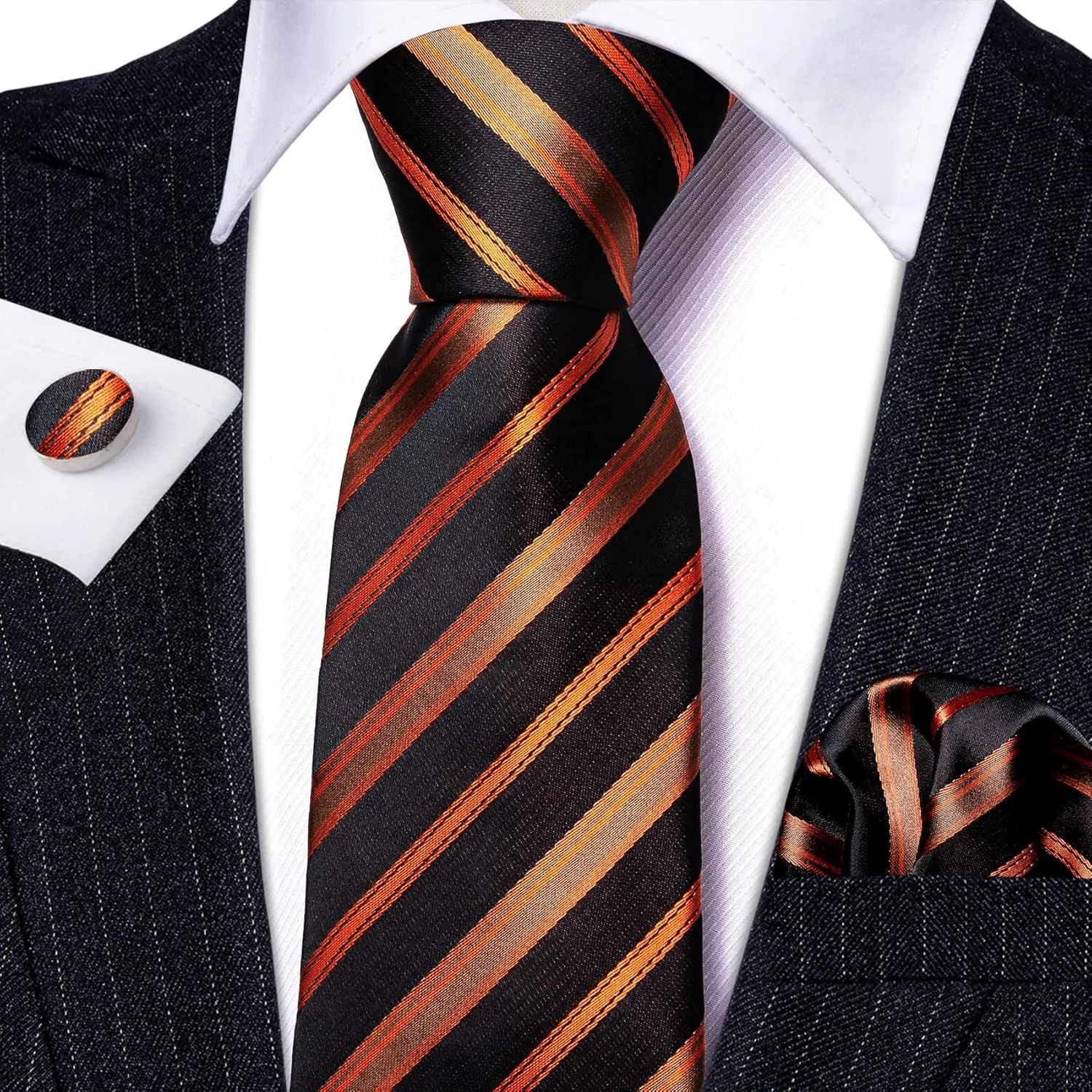 Barry.Wang Stripe Men Ties Set Classic WOVEN Necktie with Handkerchief Cufflinks Formal