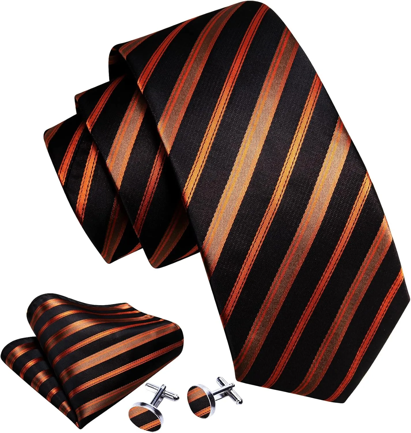 Barry.Wang Stripe Men Ties Set Classic WOVEN Necktie with Handkerchief Cufflinks Formal