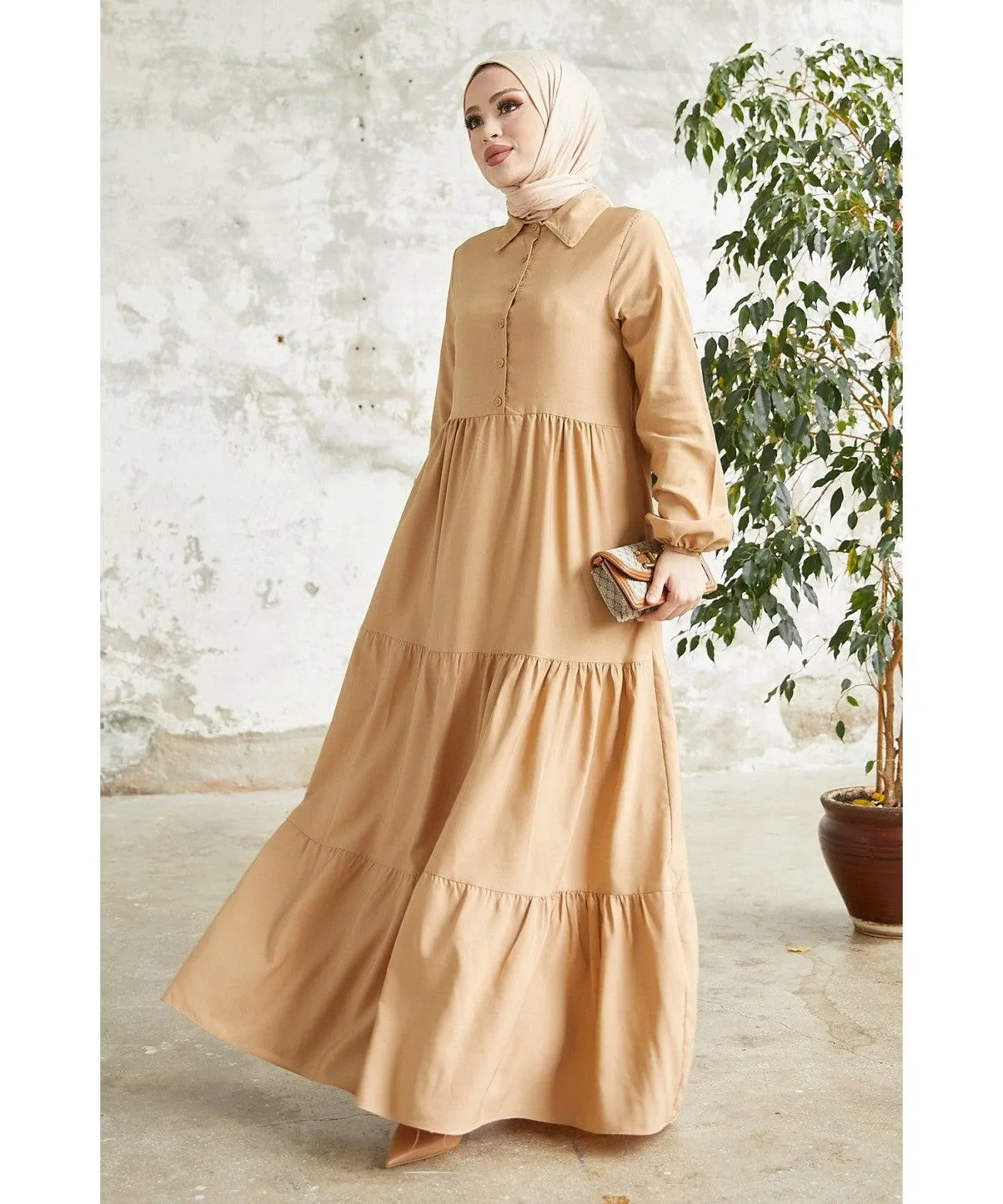Beige Modest Long Collar Tiered Dress for Women | Elegant and Comfortable