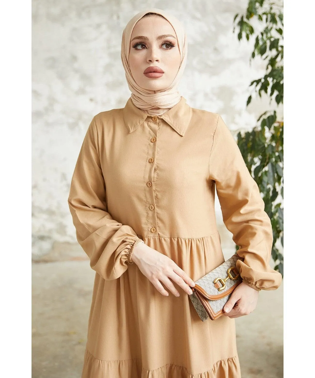 Beige Modest Long Collar Tiered Dress for Women | Elegant and Comfortable