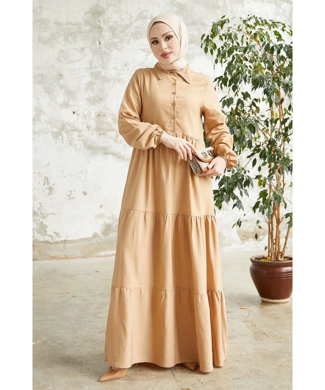 Beige Modest Long Collar Tiered Dress for Women | Elegant and Comfortable