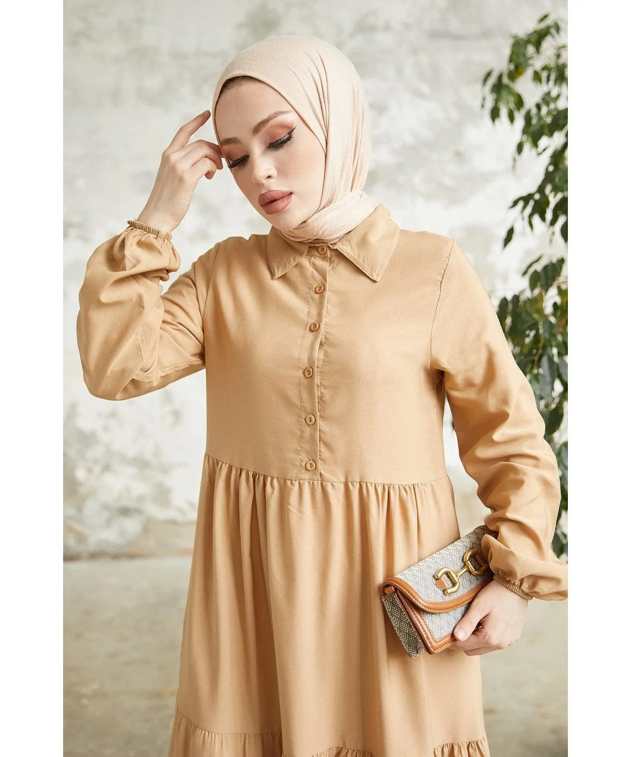 Beige Modest Long Collar Tiered Dress for Women | Elegant and Comfortable