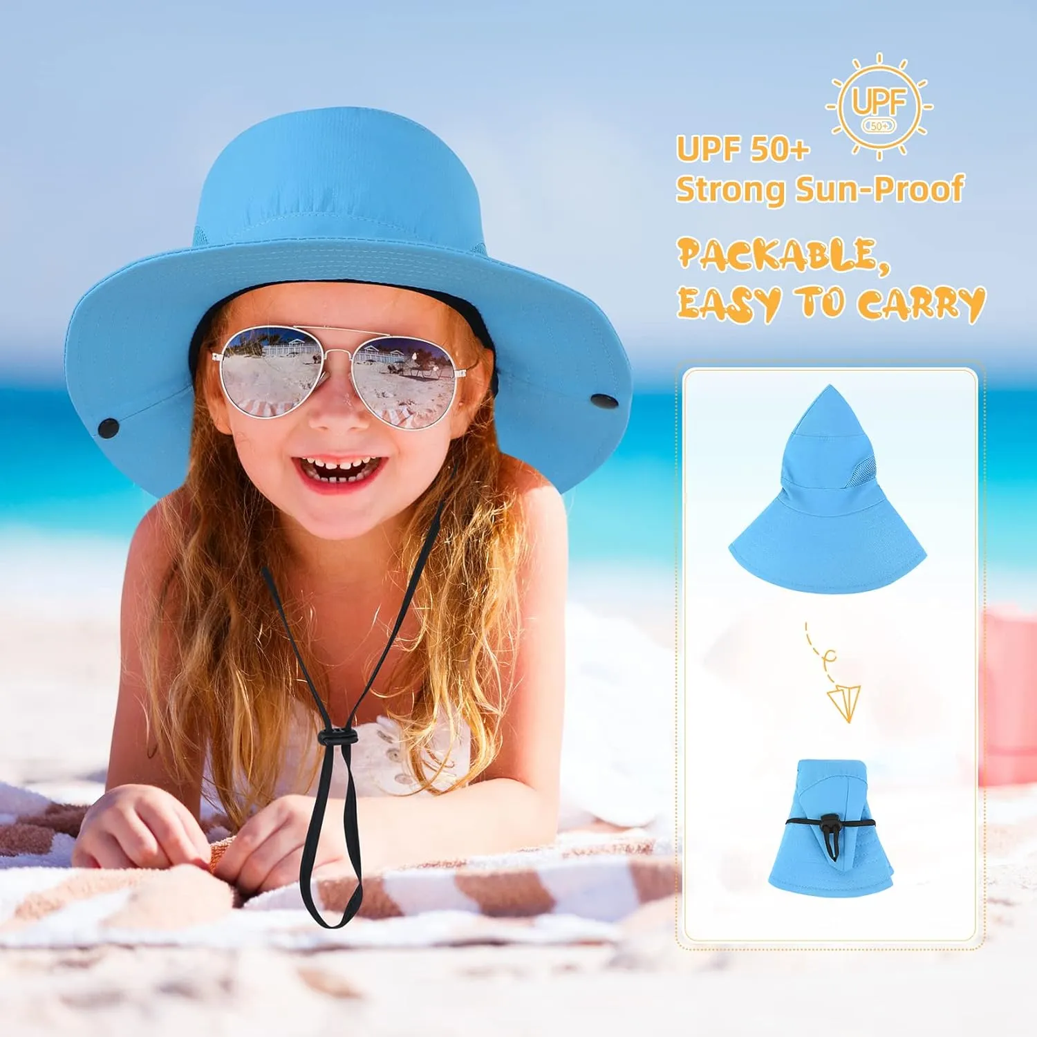 Century Star Kids Sun Hat Ponytail Girls UPF 50 Bucket Cap Summer Beach Fishing Kids Hat Wide Brim Adjustable Swim Hat