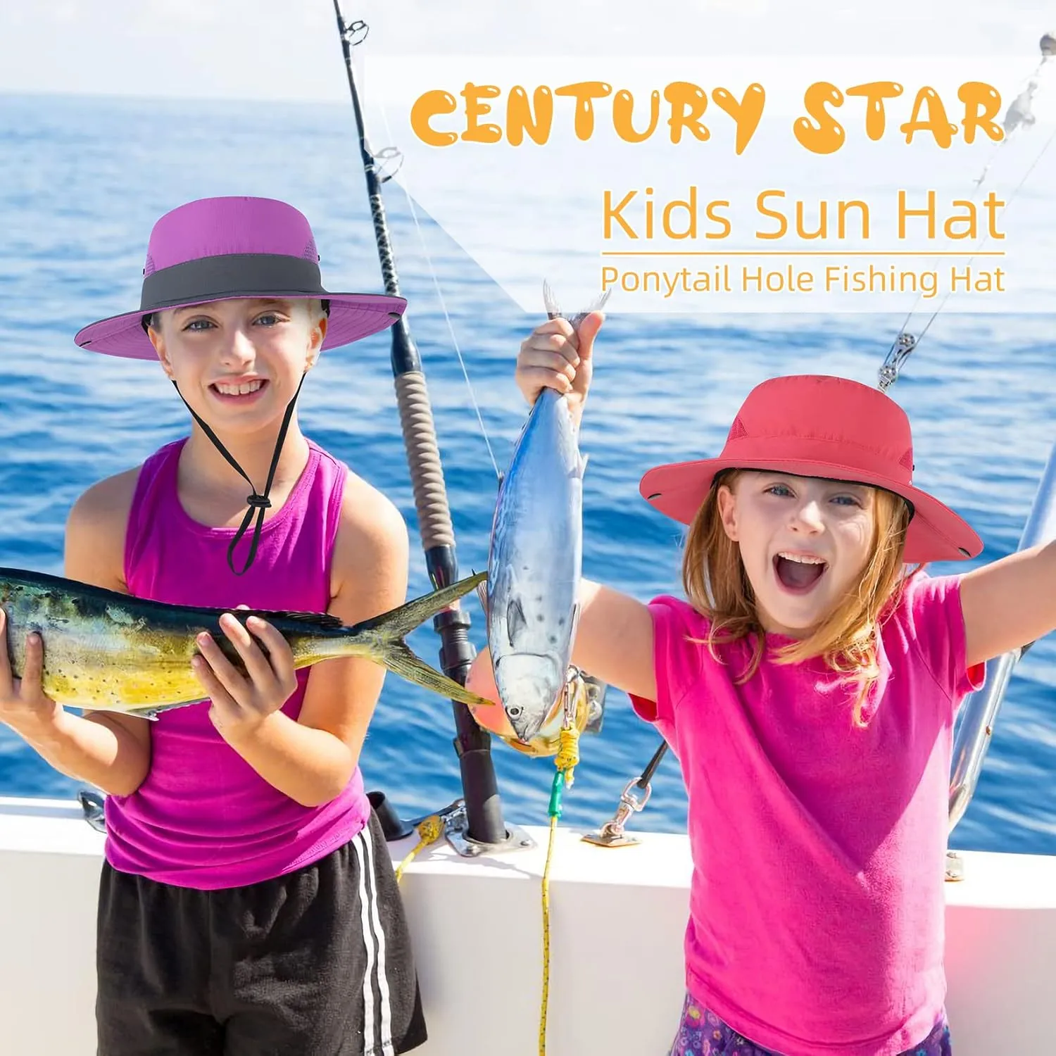 Century Star Kids Sun Hat Ponytail Girls UPF 50 Bucket Cap Summer Beach Fishing Kids Hat Wide Brim Adjustable Swim Hat