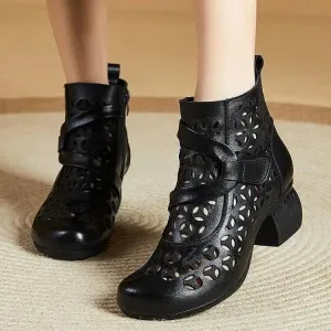 Hollow Out Boots Women Retro Style Side Zip Mid Heels Shoes