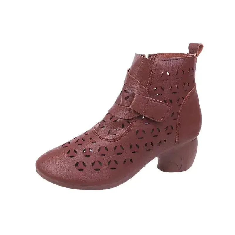 Hollow Out Boots Women Retro Style Side Zip Mid Heels Shoes