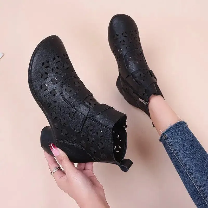 Hollow Out Boots Women Retro Style Side Zip Mid Heels Shoes