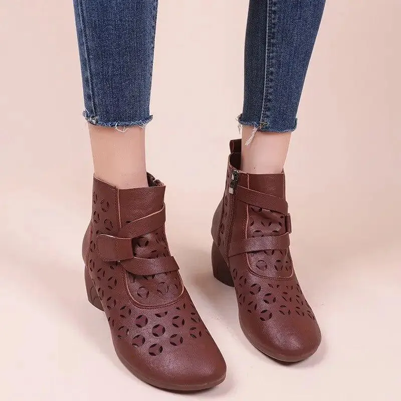 Hollow Out Boots Women Retro Style Side Zip Mid Heels Shoes