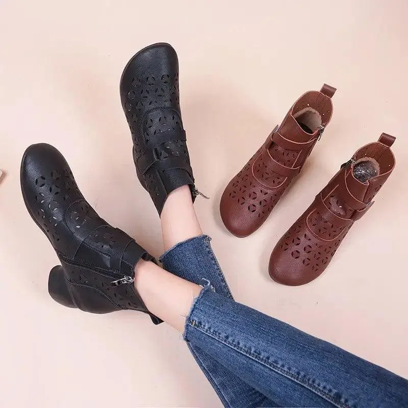 Hollow Out Boots Women Retro Style Side Zip Mid Heels Shoes