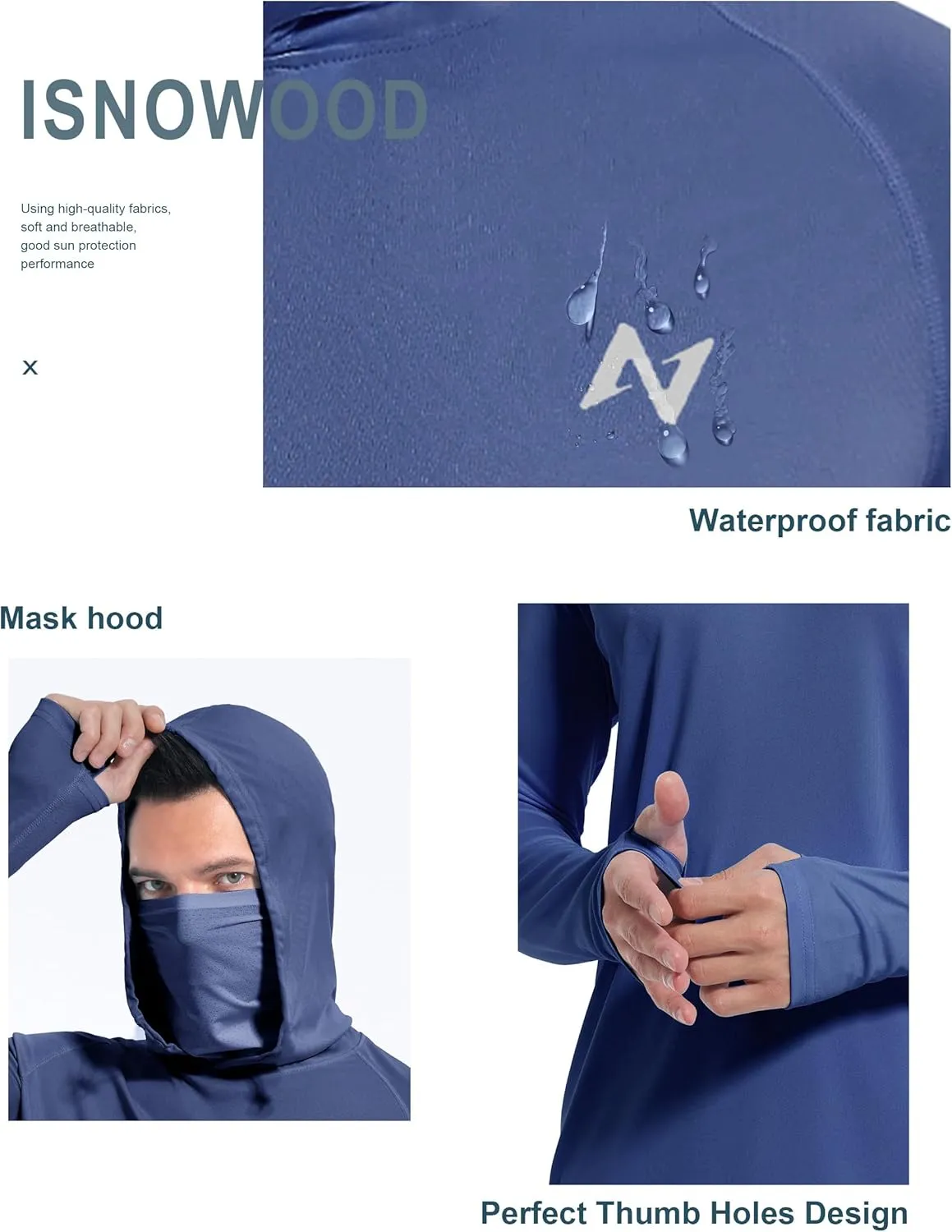 isnowood Sun Shirt UPF 50  Men's Fishing Long Sleeve Hooded Rash Guard Hiking Swimming Running UV Protection Hoodie