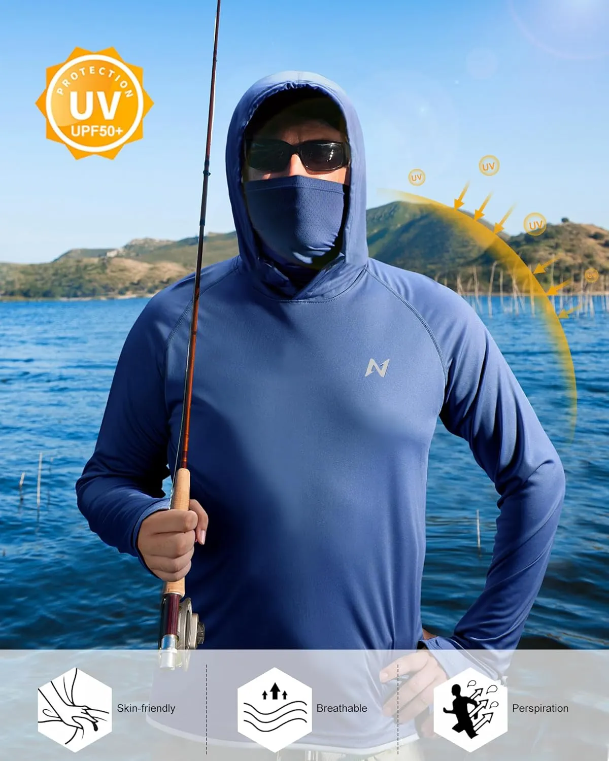 isnowood Sun Shirt UPF 50  Men's Fishing Long Sleeve Hooded Rash Guard Hiking Swimming Running UV Protection Hoodie