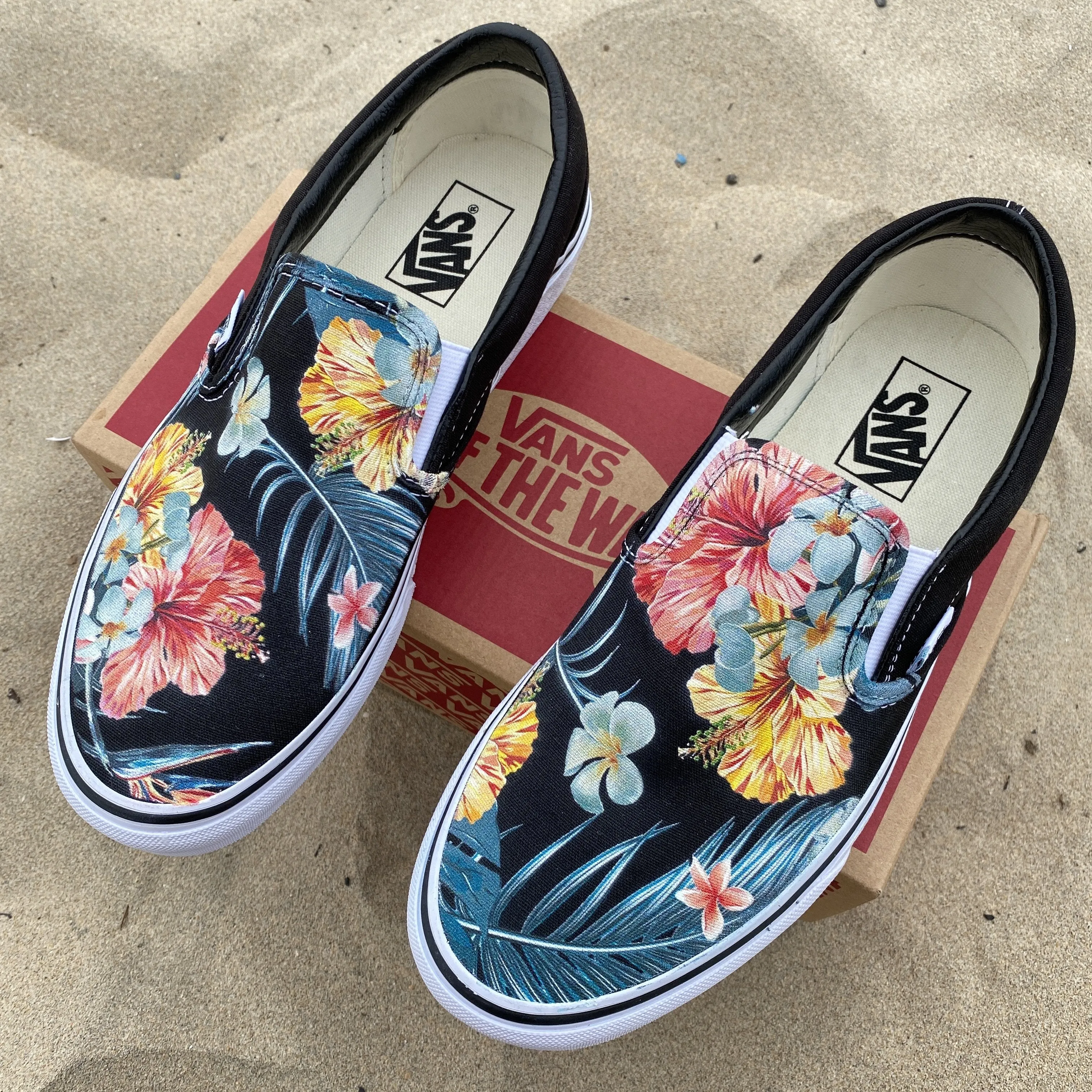 Kids Shoes - Tropical Hawaiian Black Slip Ons
