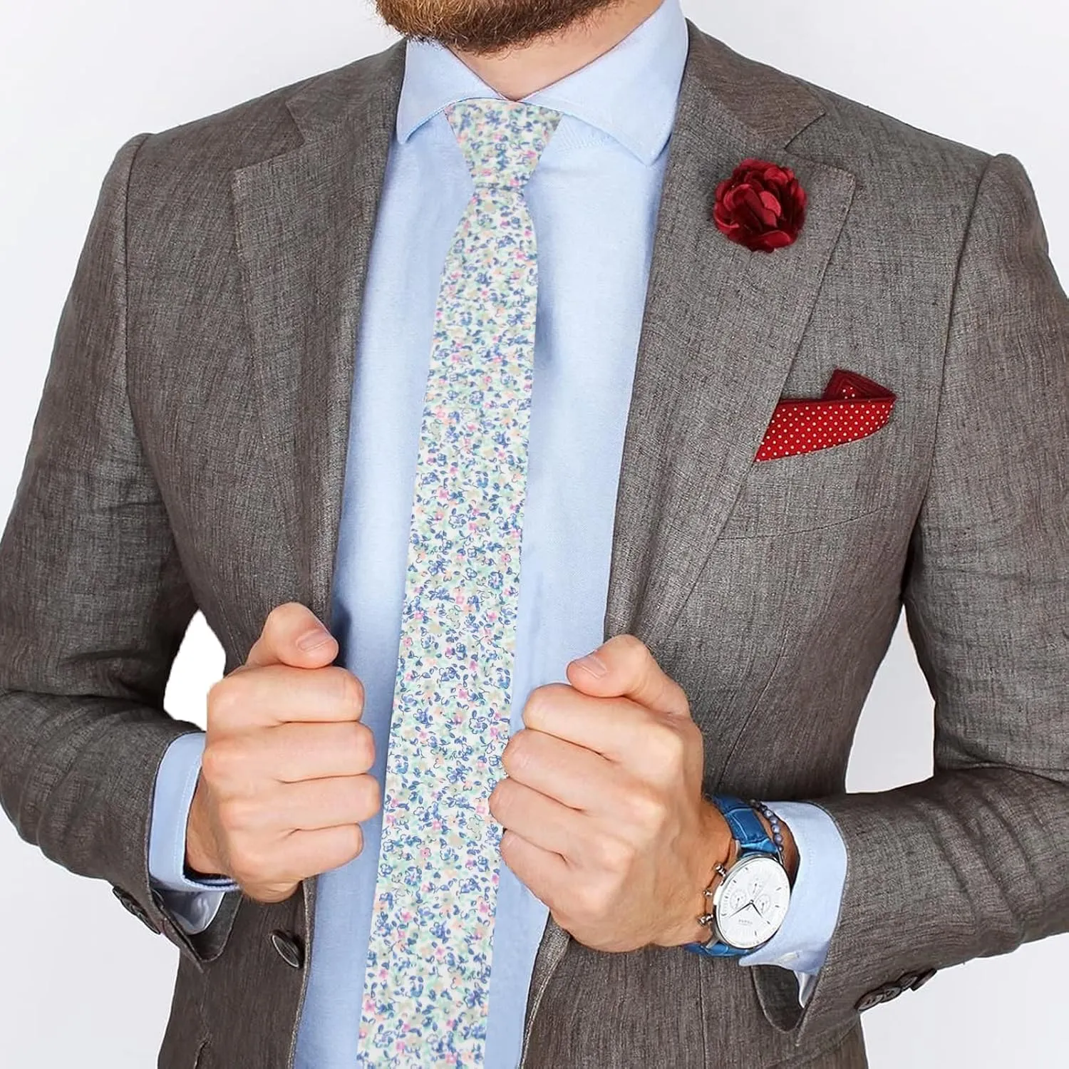 Mantieqingway Men's Skinny Tie, Cotton Floral Ties for Men Wedding Necktie for Groom, Groomsmen, Missions, Dances