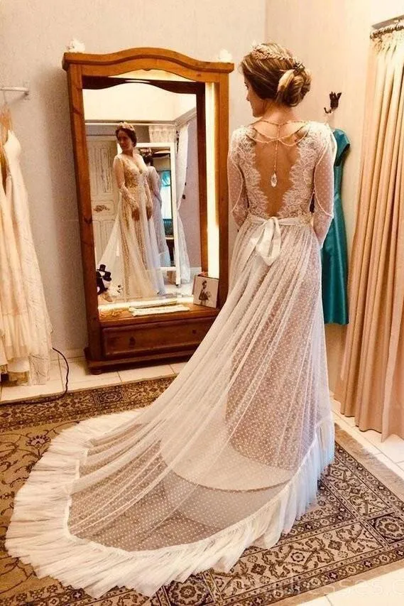 Unique Long Sleeve Boho Wedding Dresses Lace Bohemian Backless Wedding Gowns UQ2008