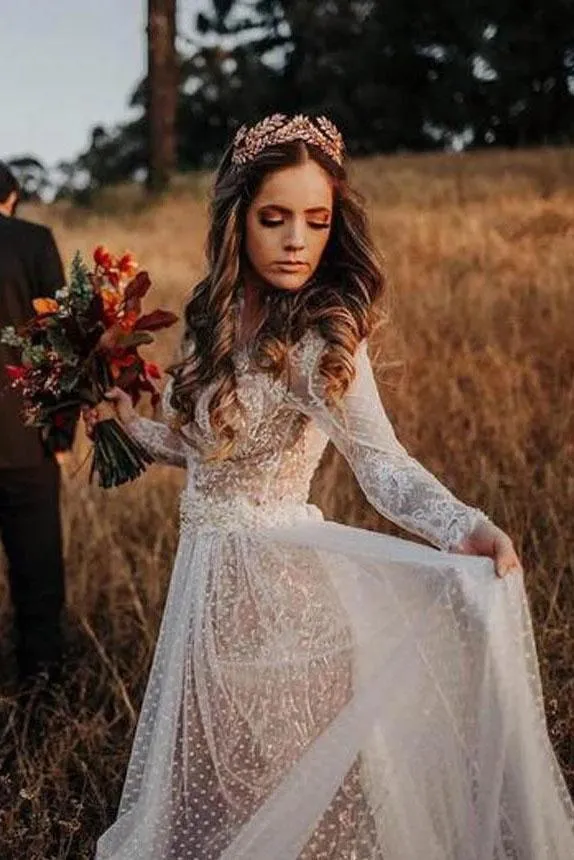 Unique Long Sleeve Boho Wedding Dresses Lace Bohemian Backless Wedding Gowns UQ2008