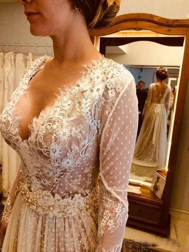 Unique Long Sleeve Boho Wedding Dresses Lace Bohemian Backless Wedding Gowns UQ2008