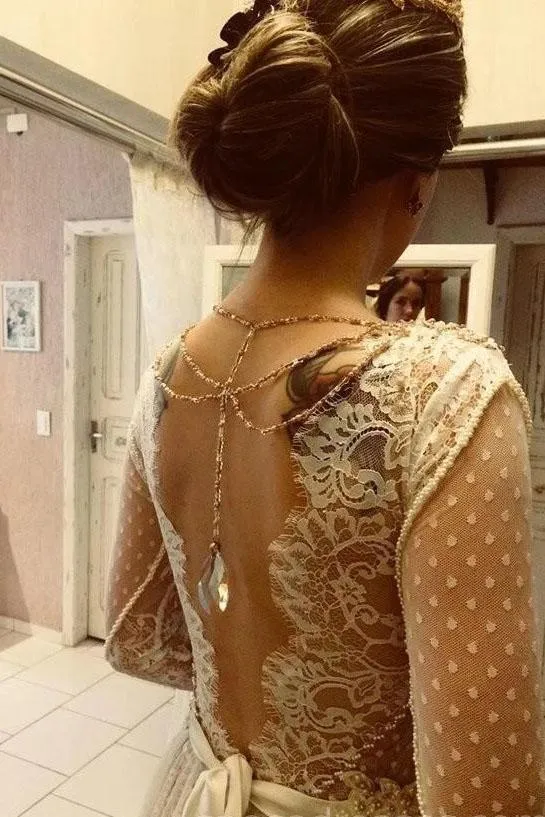 Unique Long Sleeve Boho Wedding Dresses Lace Bohemian Backless Wedding Gowns UQ2008