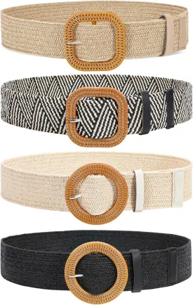 VONMELLI 4 Pack Straw Woven Elastic Stretch Waist Belt Fashion Boho Dress Braided Belts for Women