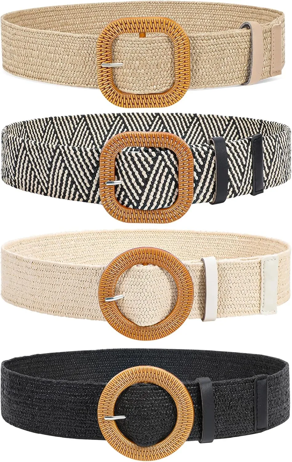 VONMELLI 4 Pack Straw Woven Elastic Stretch Waist Belt Fashion Boho Dress Braided Belts for Women